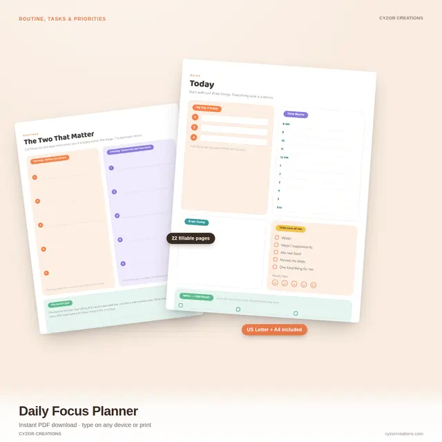 Daily Focus Planner — Printable Routine, Task & Priority Tracker