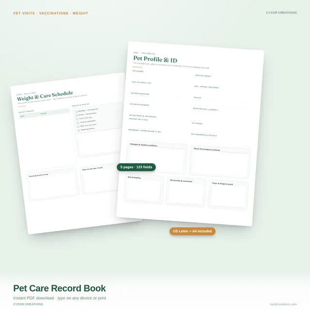 Pet Care Record Book — Printable Vet Visit, Vaccination & Weight Log