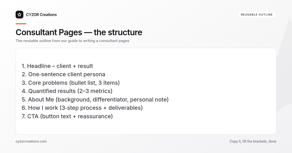 Reusable outline for writing consultant pages, section by section