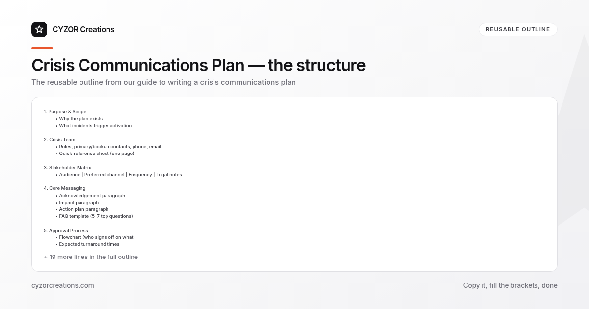 Reusable outline for writing a crisis communications plan, section by section