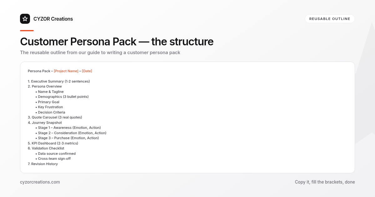 Reusable outline for writing a customer persona pack, section by section