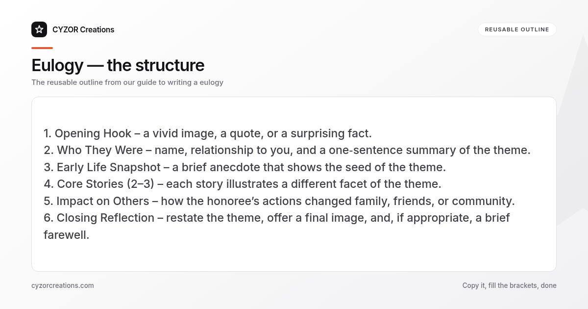 Reusable outline for writing a eulogy, section by section