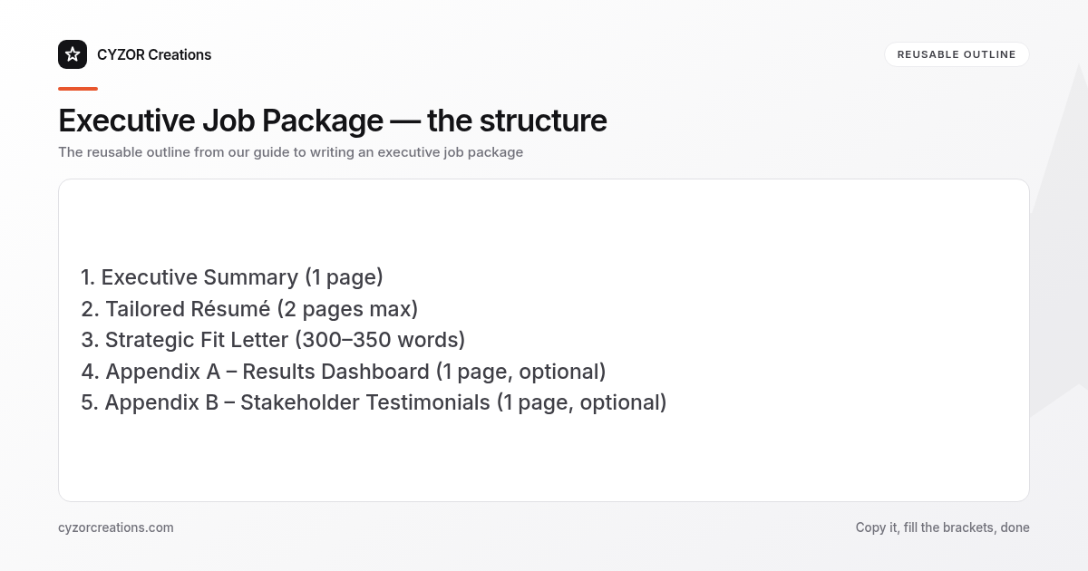 Reusable outline for writing an executive job package, section by section