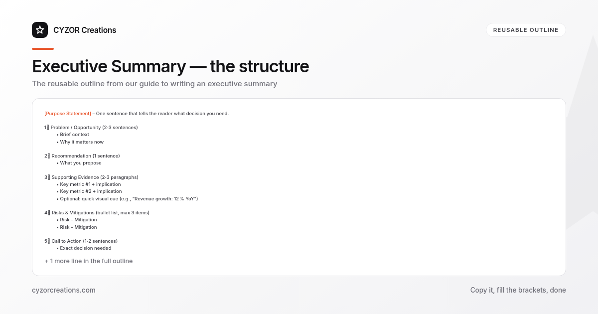 Reusable outline for writing an executive summary, section by section