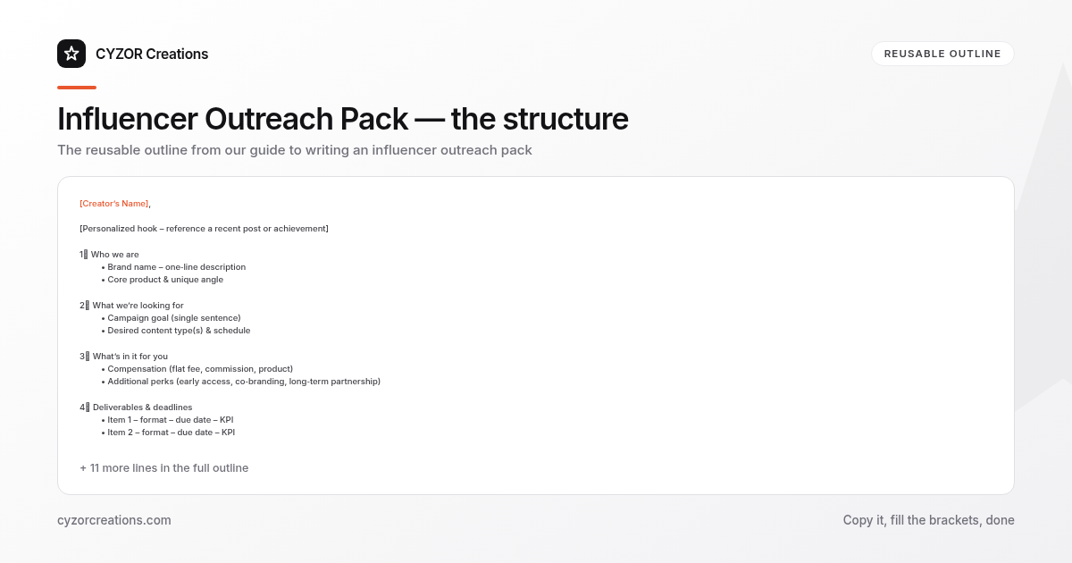 Reusable outline for writing an influencer outreach pack, section by section