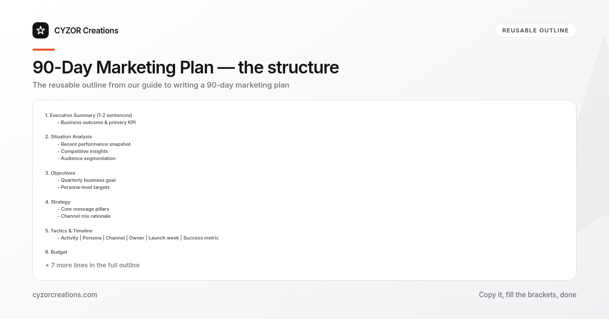 Reusable outline for writing a 90-day marketing plan, section by section