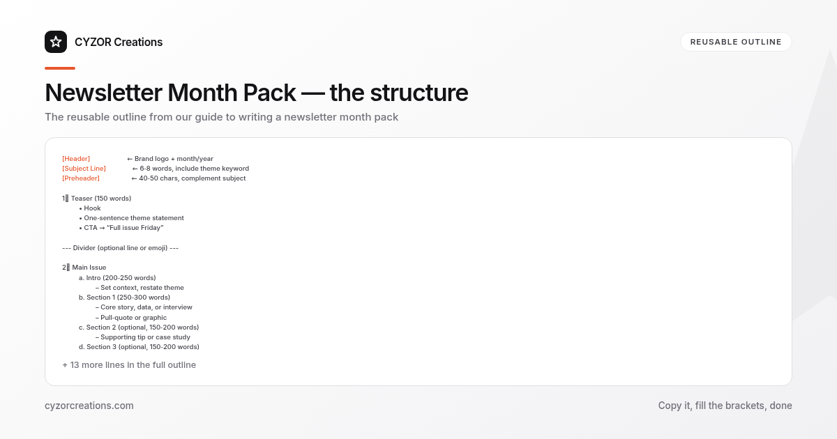 Reusable outline for writing a newsletter month pack, section by section