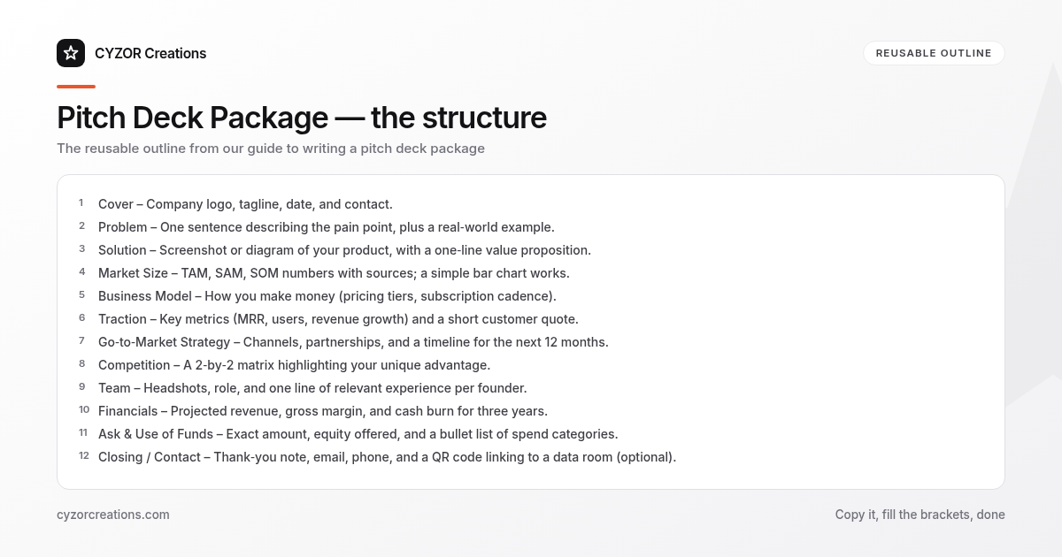 Reusable outline for writing a pitch deck package, section by section