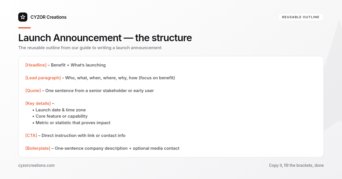 Reusable outline for writing a launch announcement, section by section