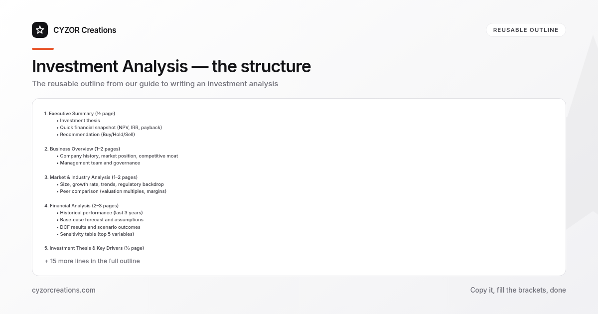 Reusable outline for writing an investment analysis, section by section