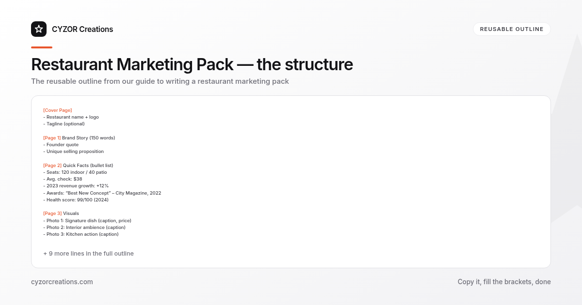 Reusable outline for writing a restaurant marketing pack, section by section