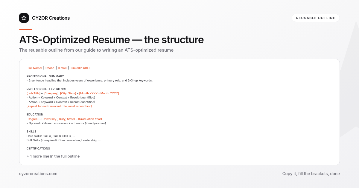 Reusable outline for writing an ATS-optimized resume, section by section