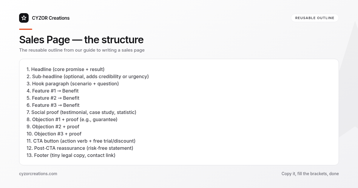 Reusable outline for writing a sales page, section by section