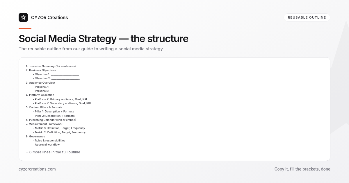 Reusable outline for writing a social media strategy, section by section