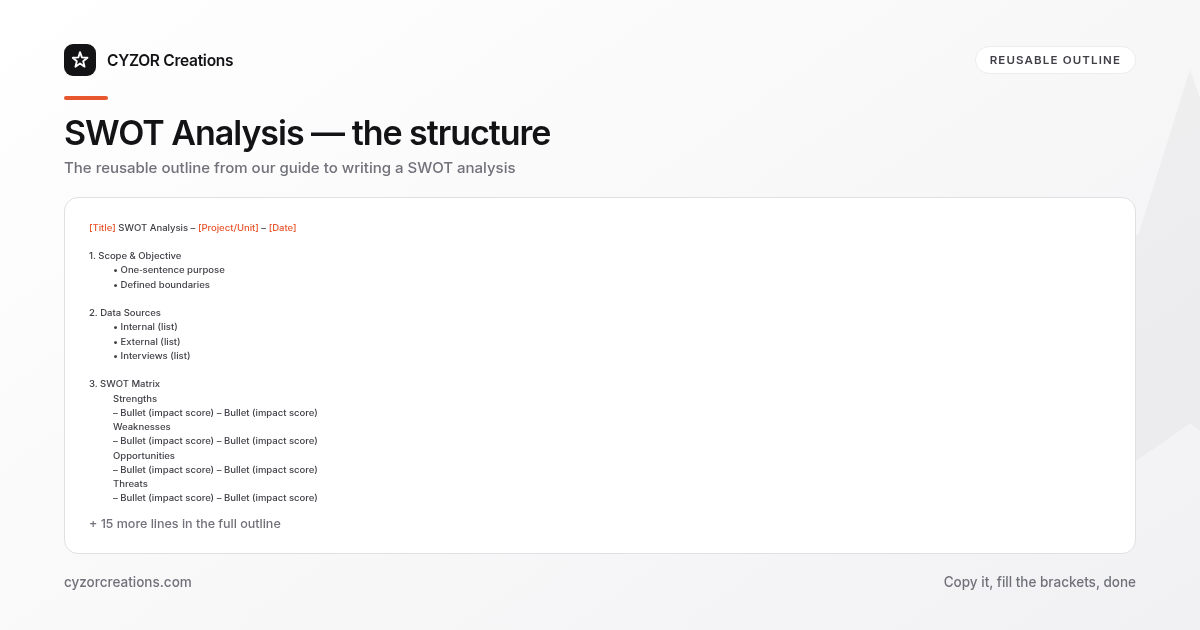 Reusable outline for writing a SWOT analysis, section by section