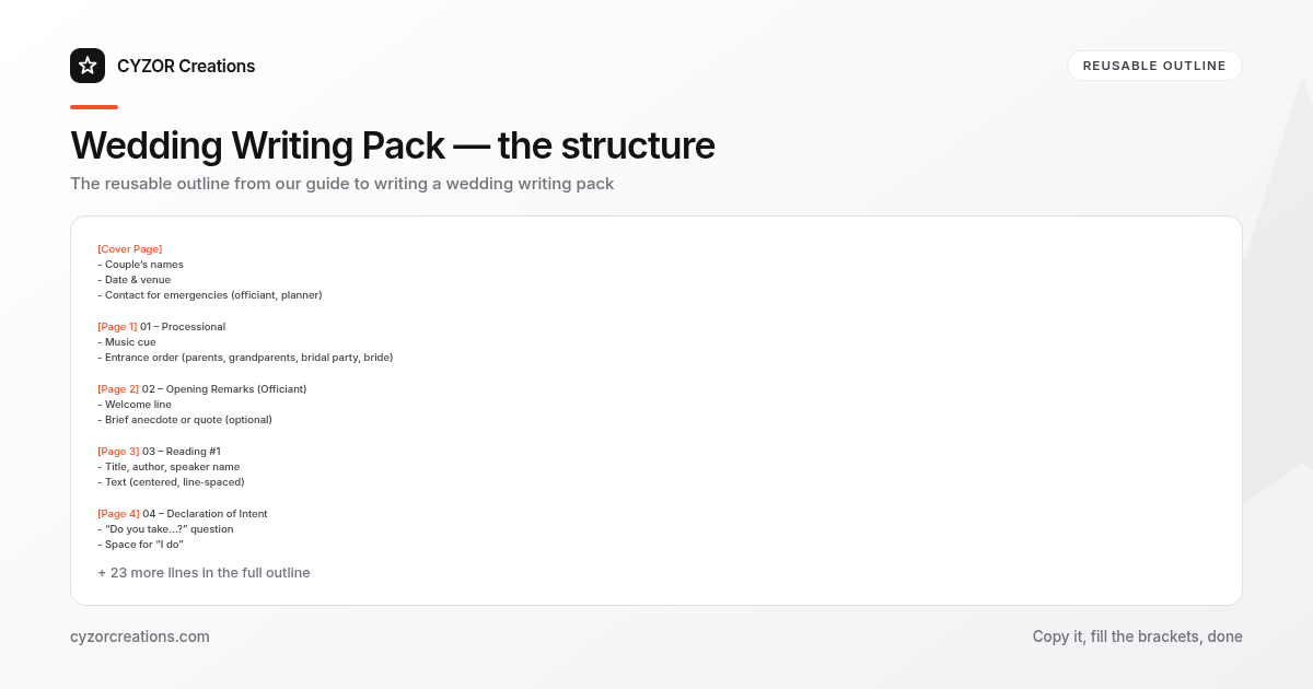 Reusable outline for writing a wedding writing pack, section by section