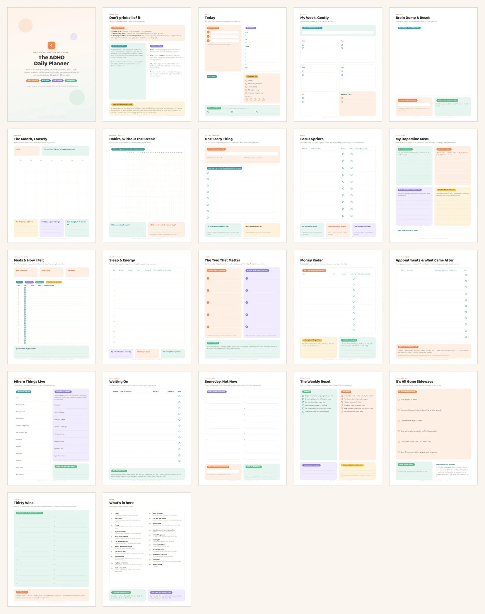 Contact sheet of all 22 pages of the ADHD Daily Planner