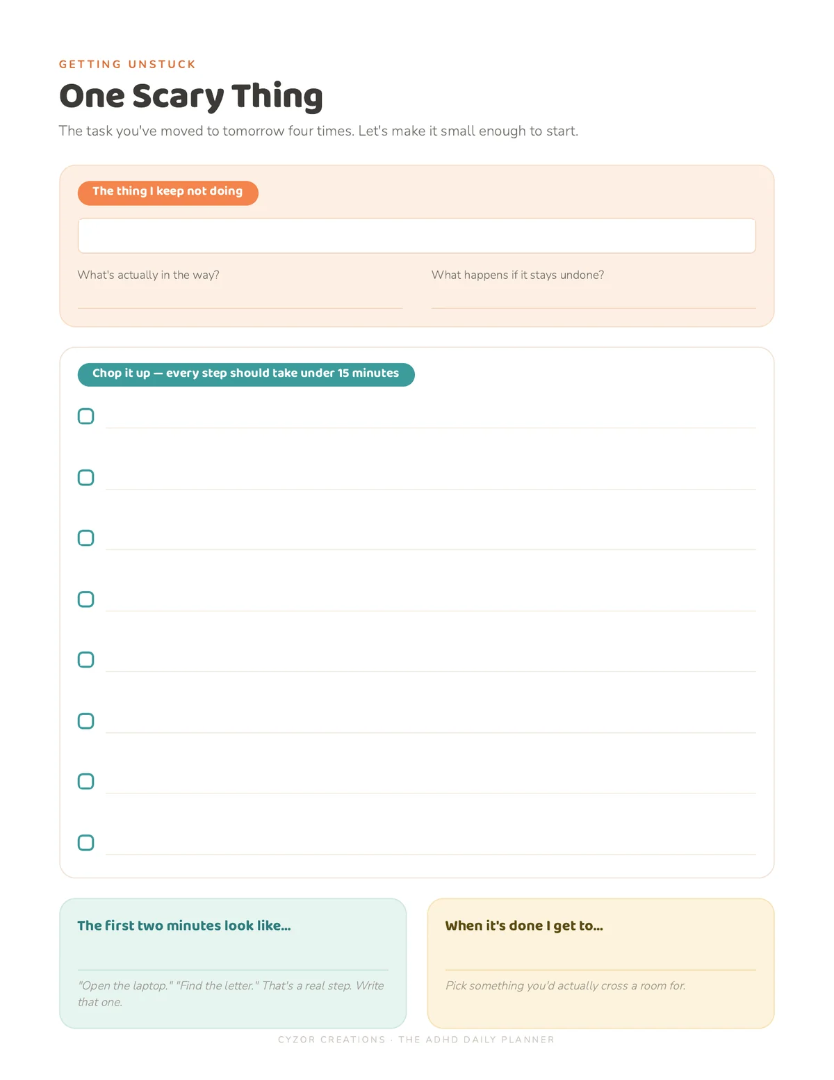 The One Scary Thing page, for the task being avoided