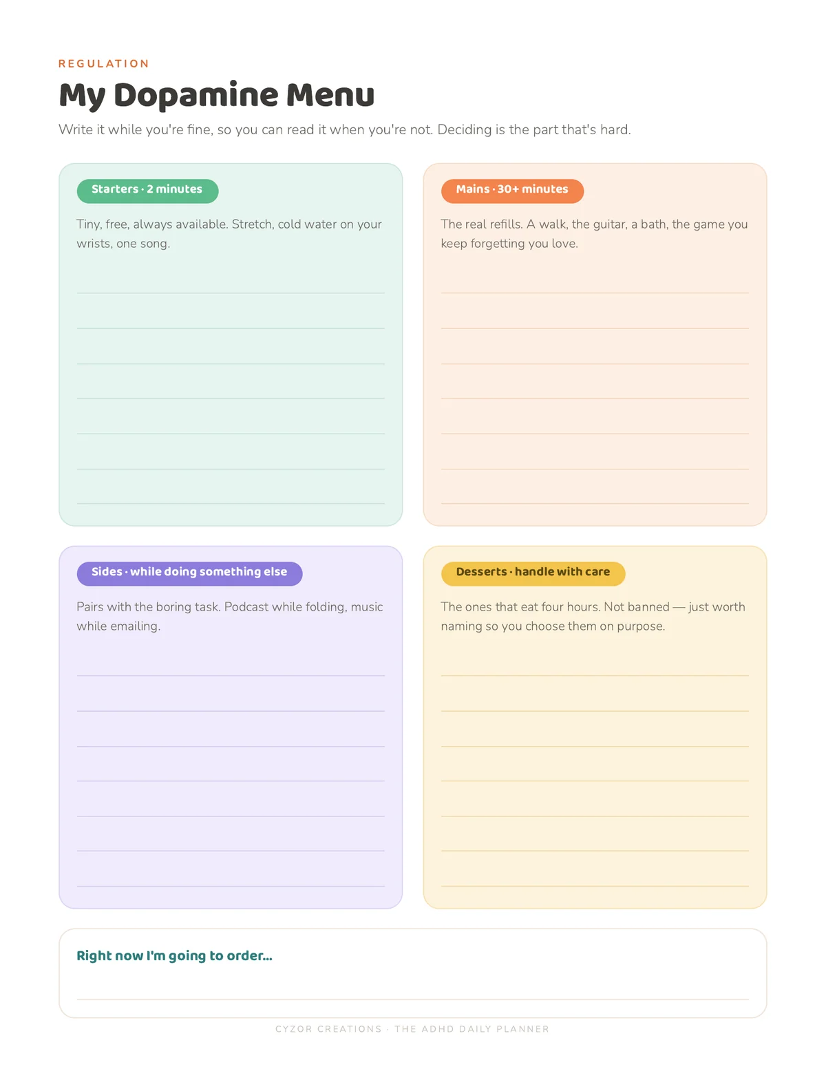 My Dopamine Menu: starters, mains, sides and desserts written down before you need them